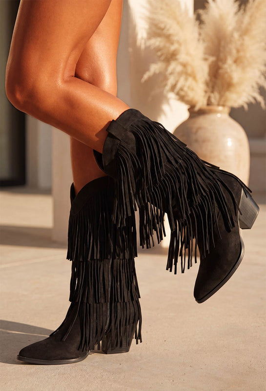 Layered Fringe Knee-High Cowboy Boots with Pointed Toe for Women