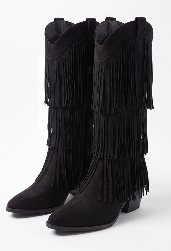 Layered Fringe Knee-High Cowboy Boots with Pointed Toe for Women