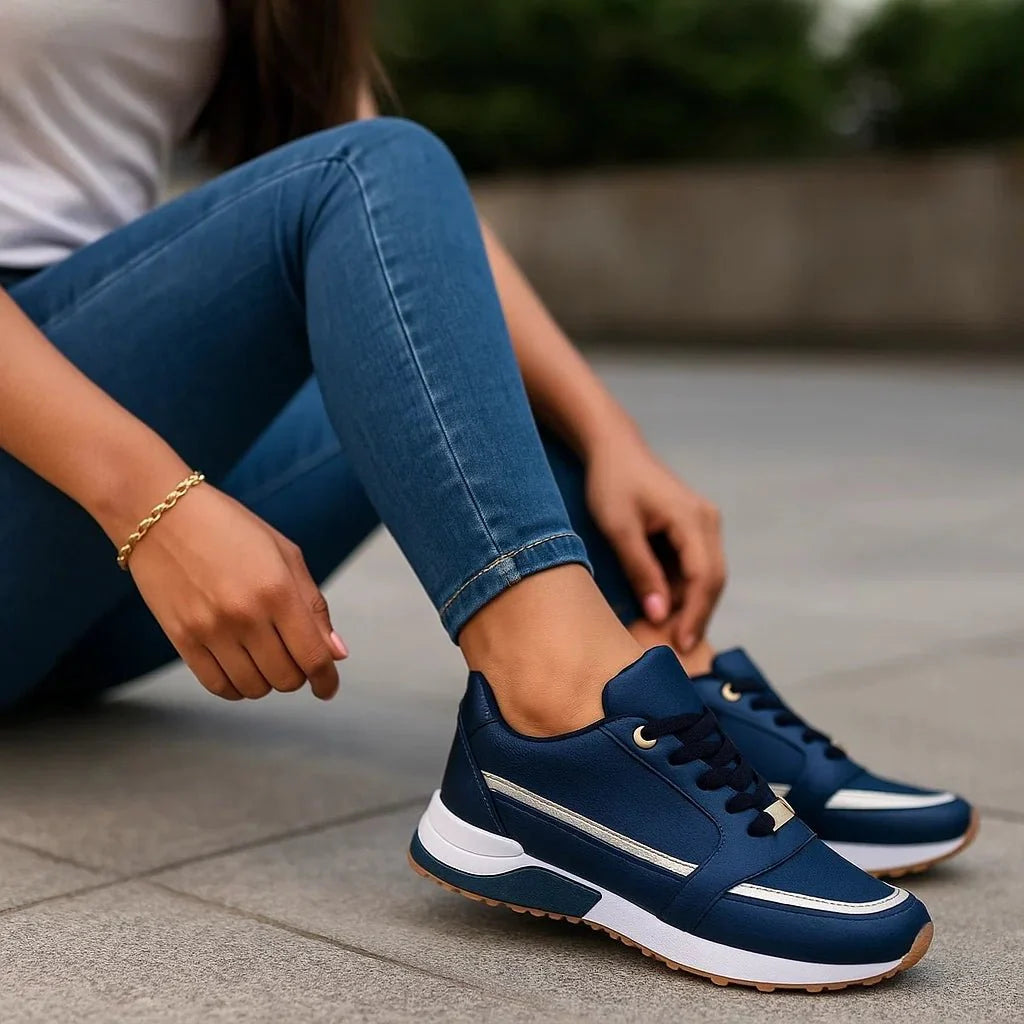 Layered Panel Casual Sneakers with Contrast Side Stripes for Women