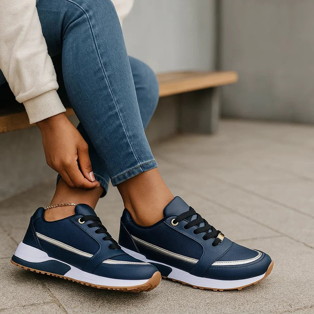 Layered Panel Casual Sneakers with Contrast Side Stripes for Women