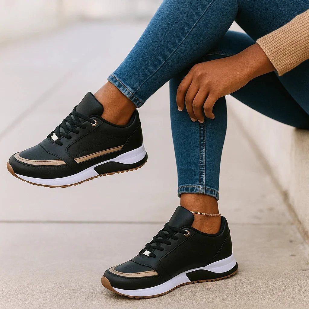 Layered Panel Casual Sneakers with Contrast Side Stripes for Women