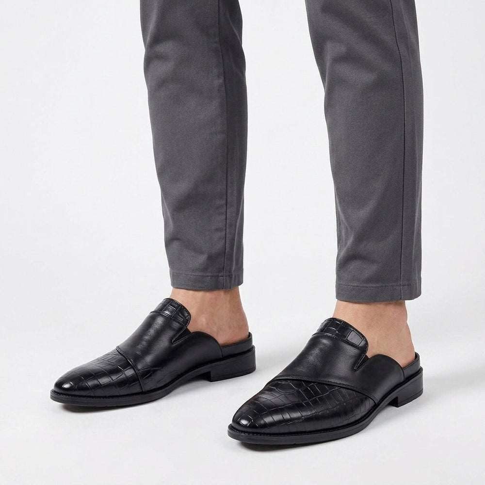 Leather Backless Loafers with Textured Toe Cap for Men