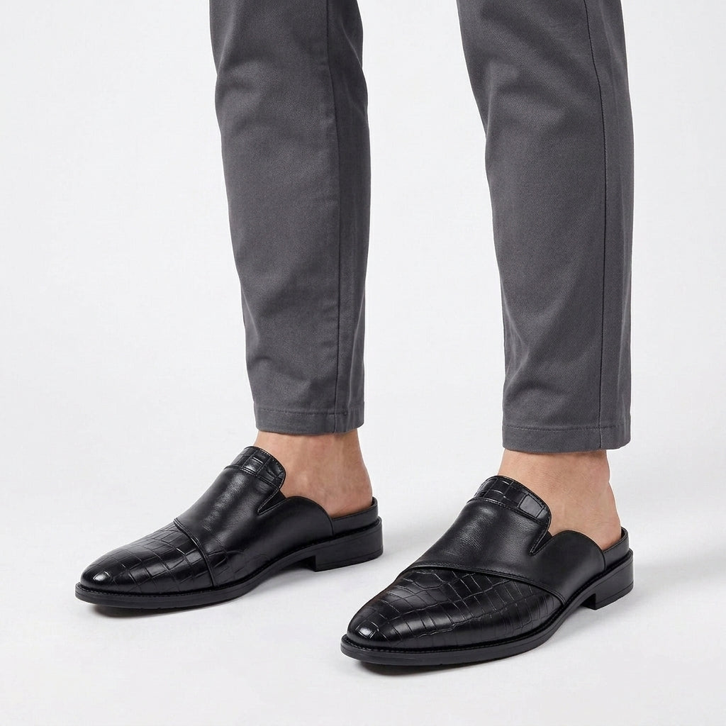 Leather Backless Loafers with Textured Toe Cap for Men