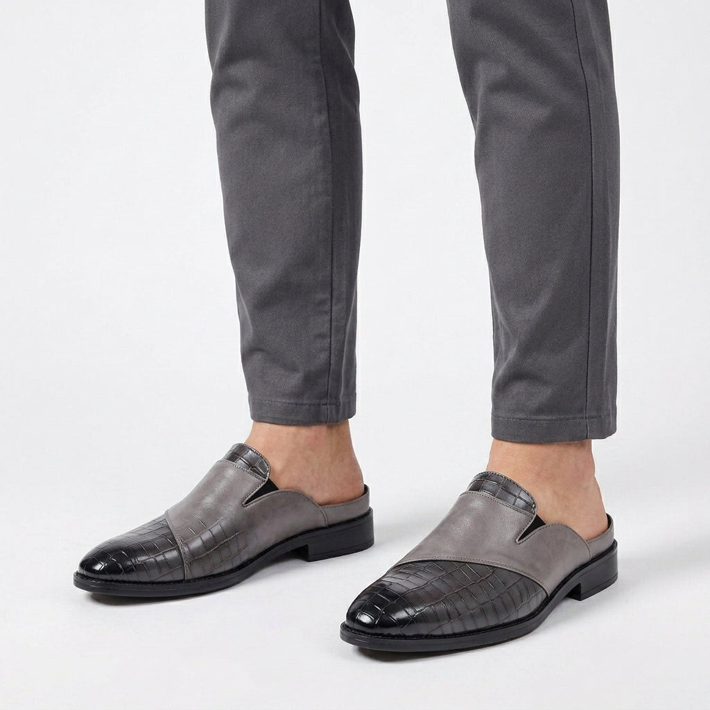 Leather Backless Loafers with Textured Toe Cap for Men