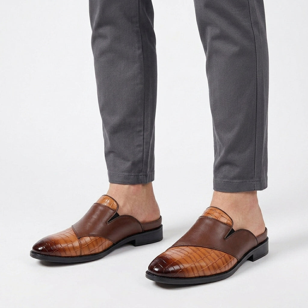 Leather Backless Loafers with Textured Toe Cap for Men