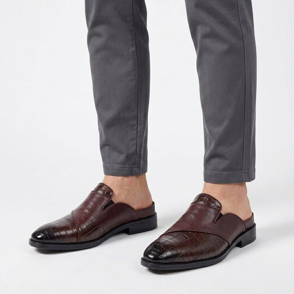 Leather Backless Loafers with Textured Toe Cap for Men