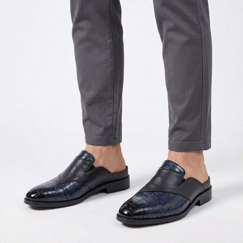 Leather Backless Loafers with Textured Toe Cap for Men