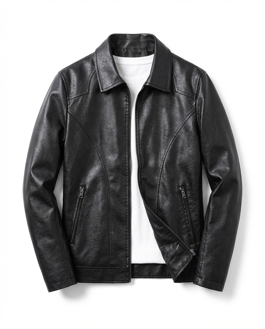 Leather Look Zip Front Jacket with Collar for Mens