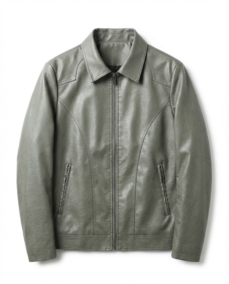 Leather Look Zip Front Jacket with Collar for Mens
