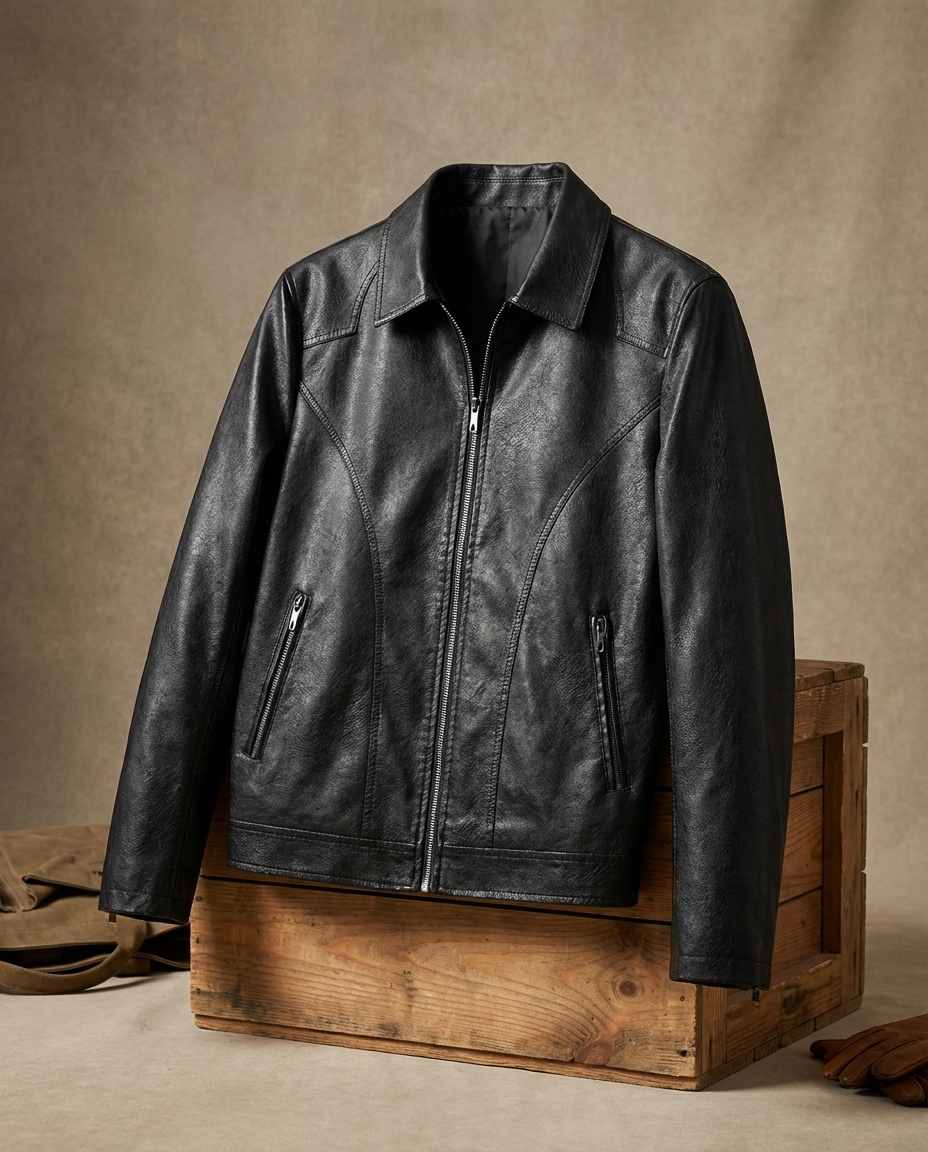 Leather Look Zip Front Jacket with Collar for Mens
