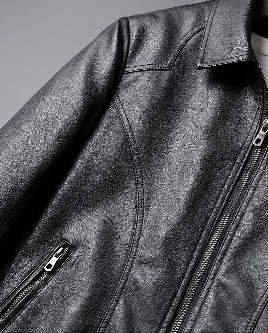 Leather Look Zip Front Jacket with Collar for Mens