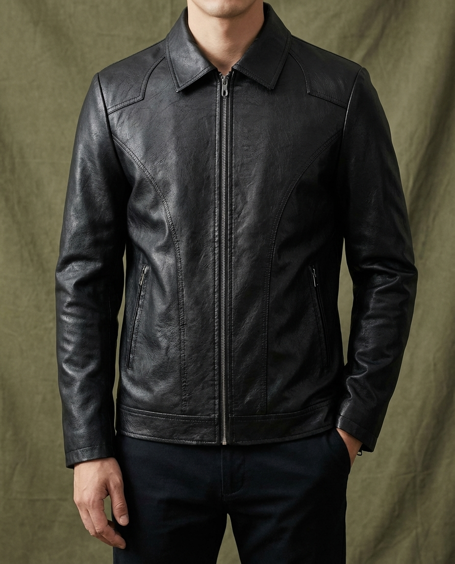Leather Look Zip Front Jacket with Collar for Mens