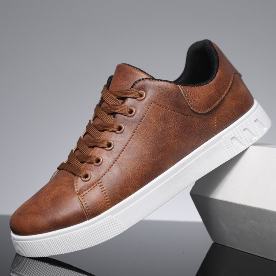 Leather Trainers with Lace Fastening and White Sole for Men