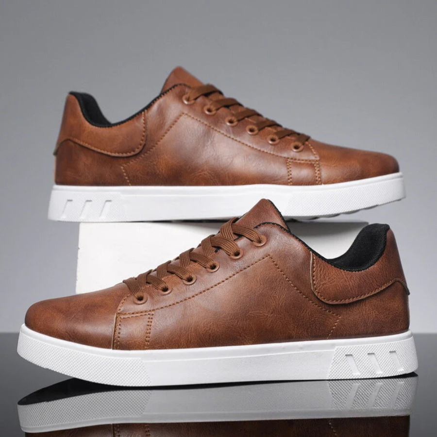 Leather Trainers with Lace Fastening and White Sole for Men