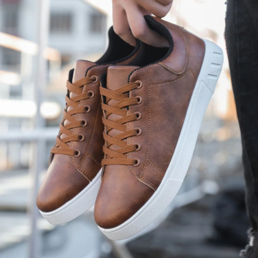 Leather Trainers with Lace Fastening and White Sole for Men