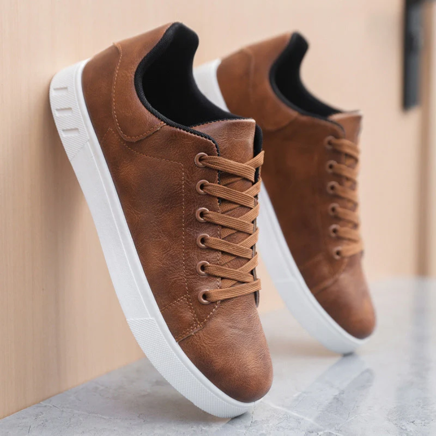 Leather Trainers with Lace Fastening and White Sole for Men