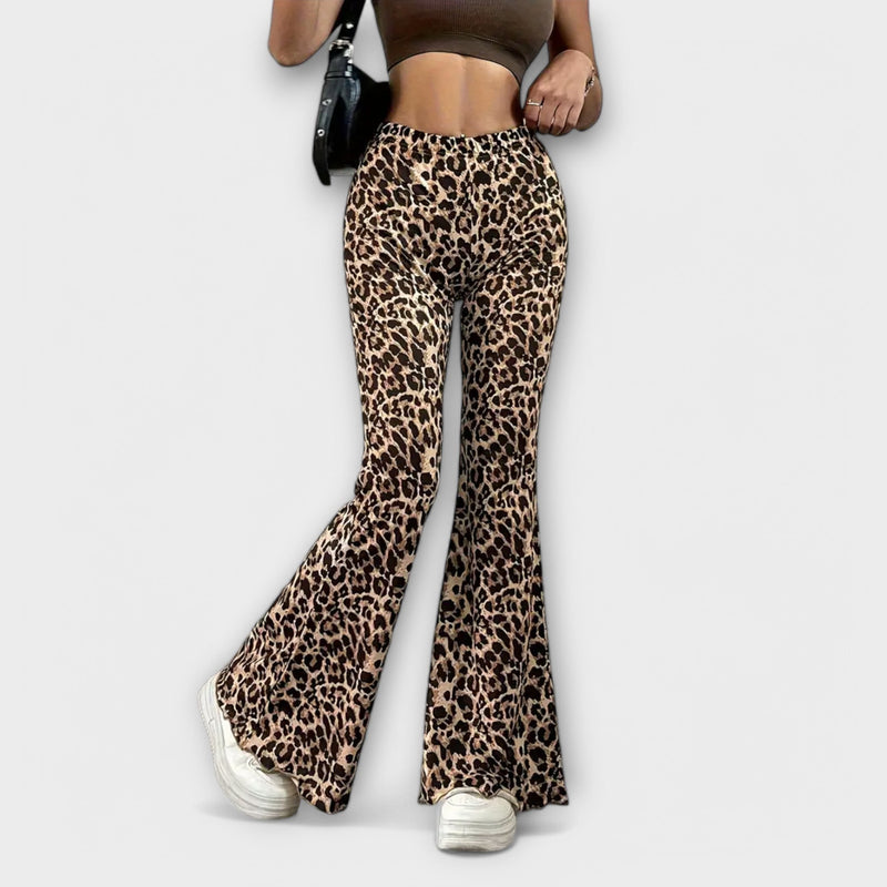 Leopard Print Bootcut Trousers with High-Rise Waistband for Women