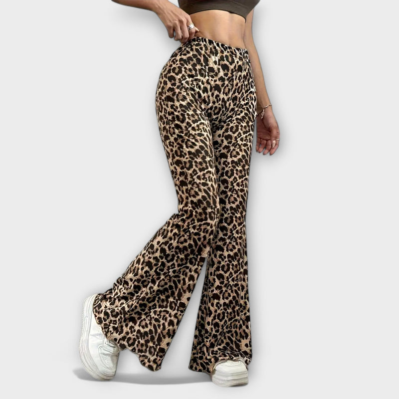 Leopard Print Bootcut Trousers with High-Rise Waistband for Women