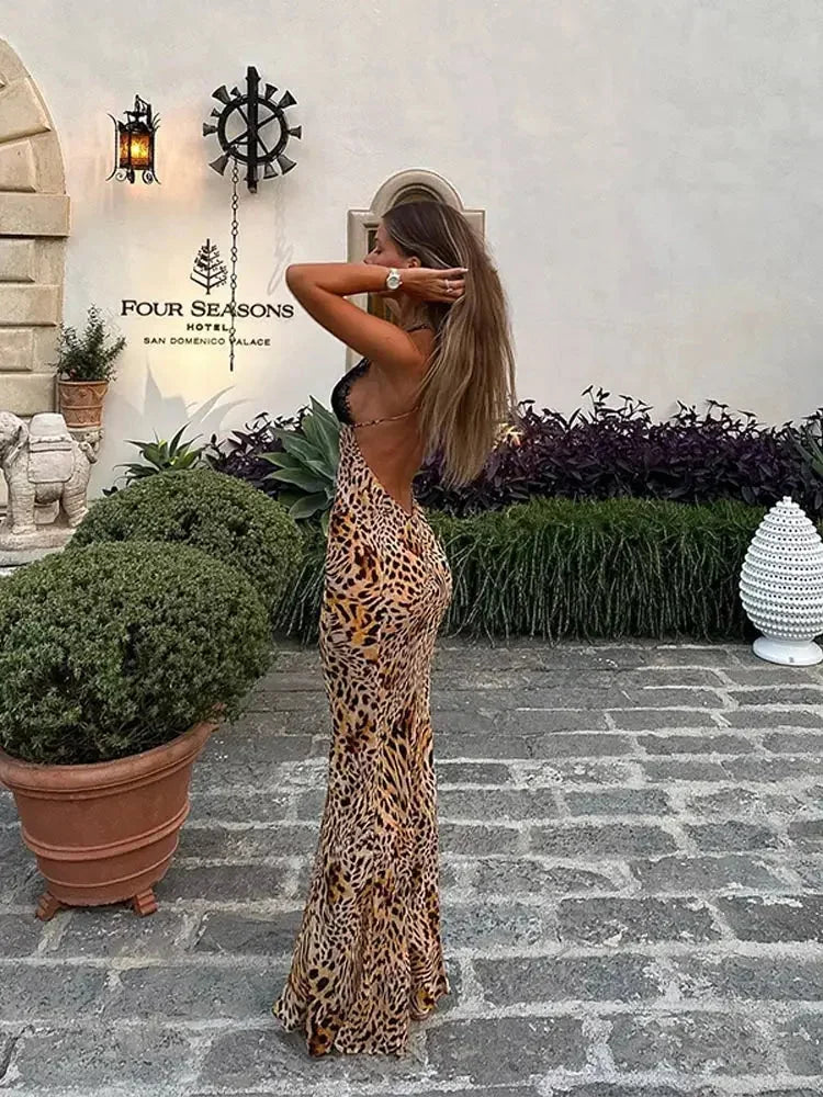 Leopard Print Maxi Dress with Lace-Trimmed Bodice for Women