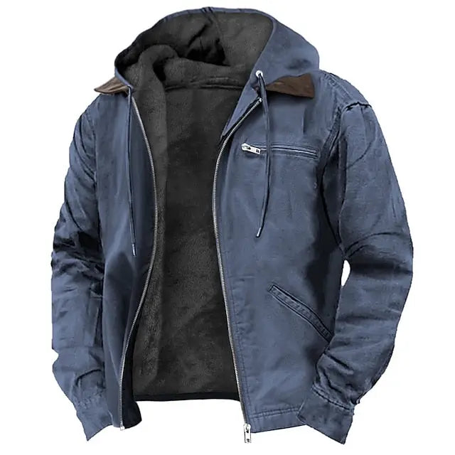 Lined Hooded Jacket with Drawstrings and Chest Zip for Men
