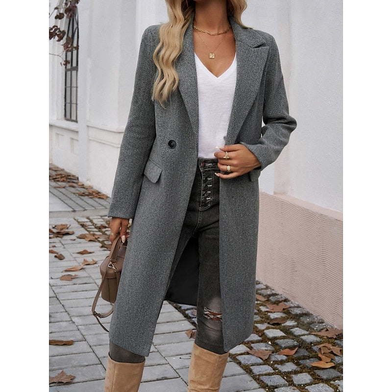 Longline Coat with Notch Lapels and Flap Pockets for Womens
