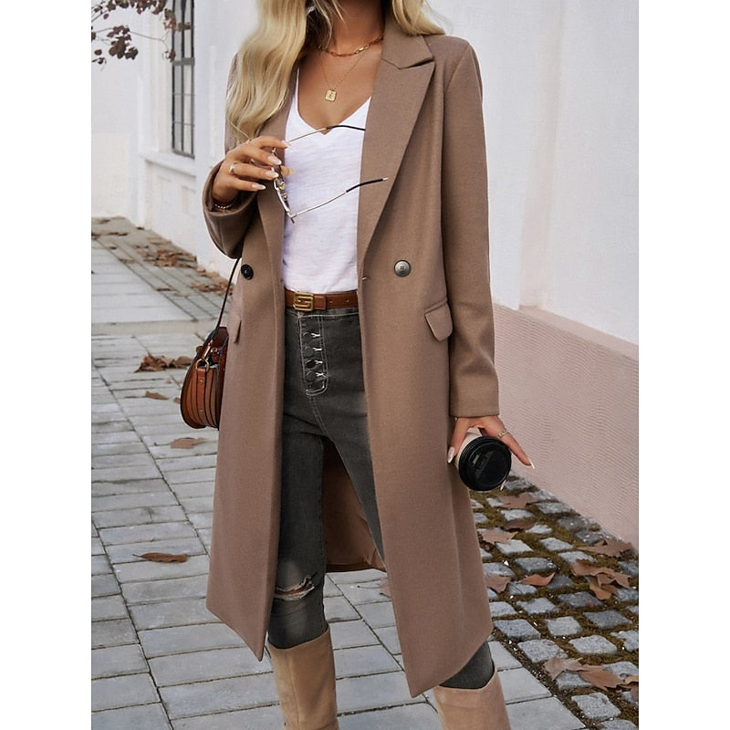 Longline Coat with Notch Lapels and Flap Pockets for Womens