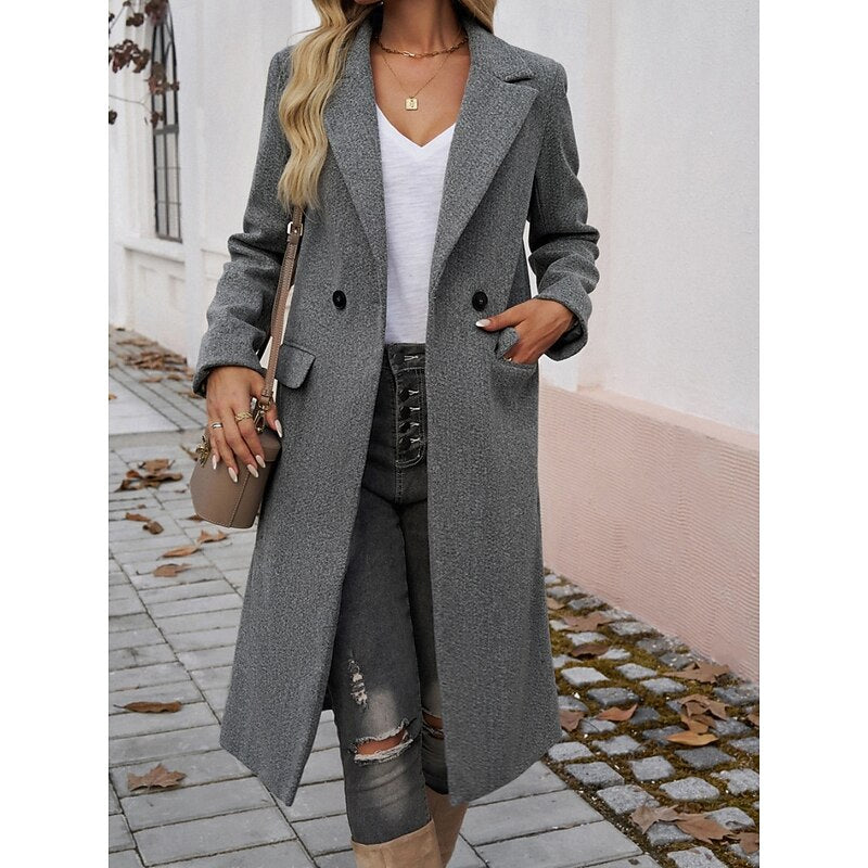 Longline Coat with Notch Lapels and Flap Pockets for Womens