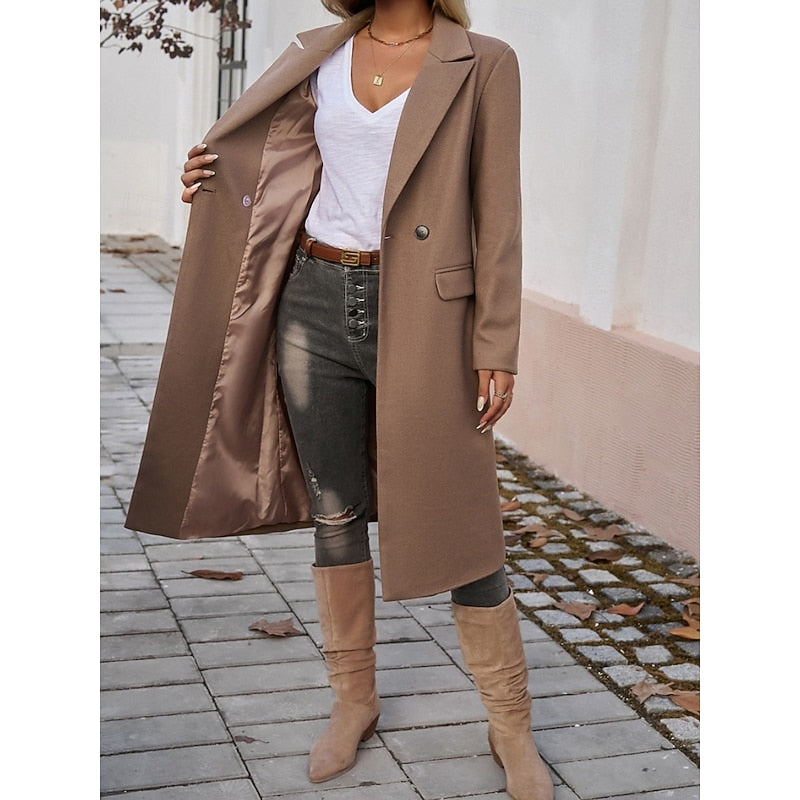 Longline Coat with Notch Lapels and Flap Pockets for Womens