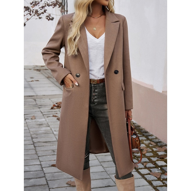 Longline Coat with Notch Lapels and Flap Pockets for Womens