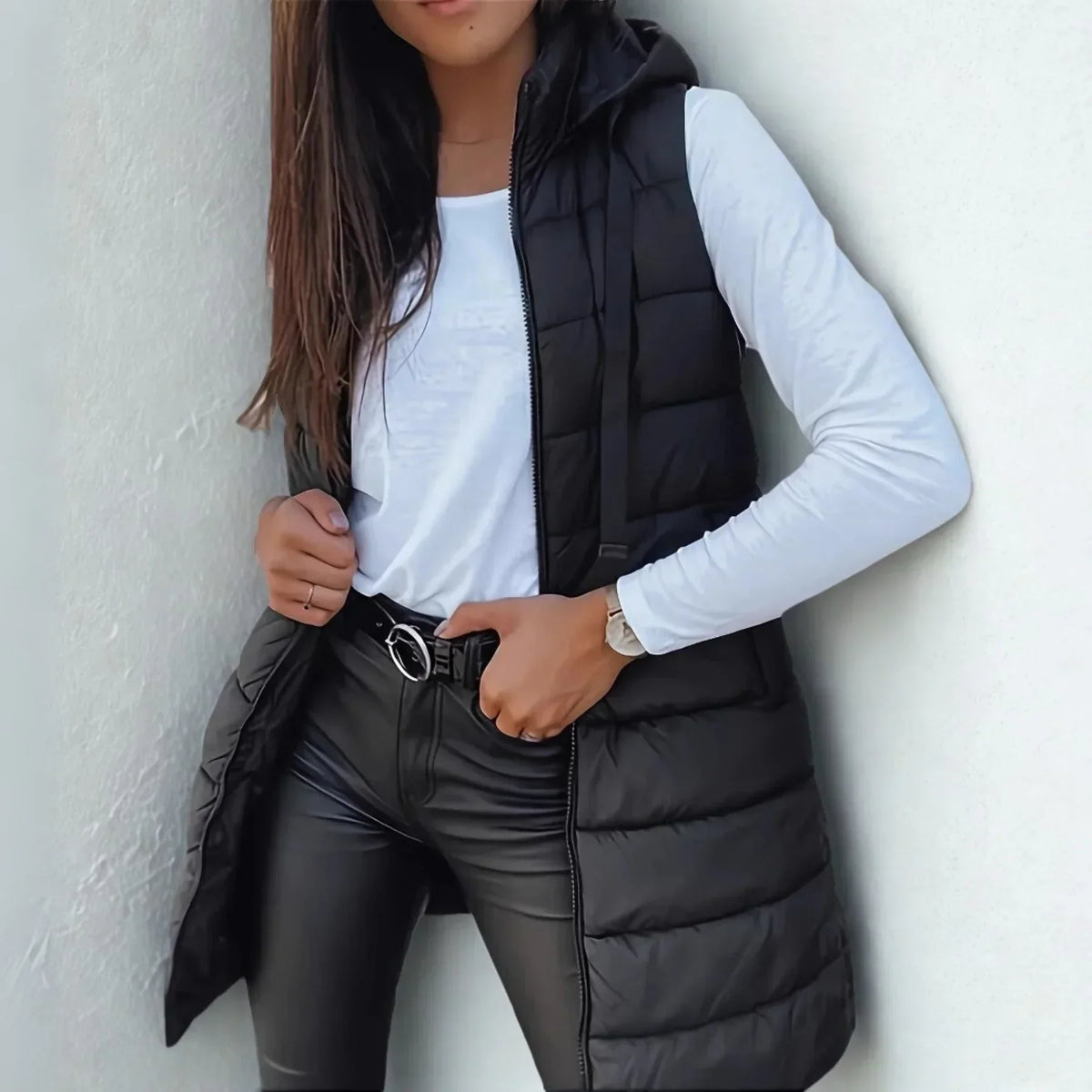 Longline Hooded Quilted Vest with Side Pockets for Women