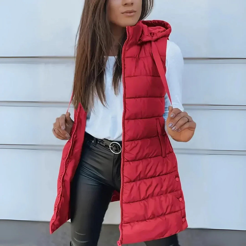 Longline Hooded Quilted Vest with Side Pockets for Women