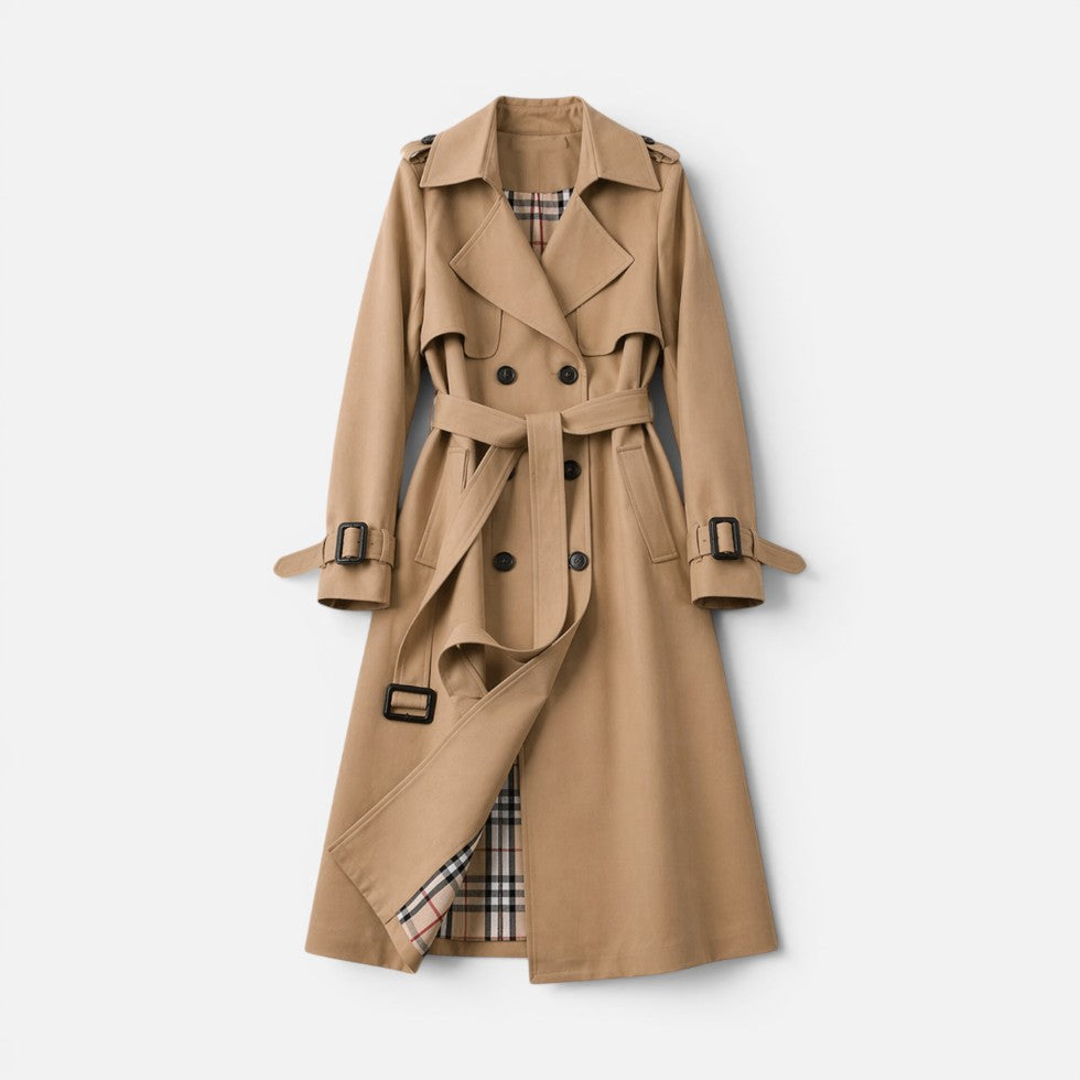 Longline Trench Coat with Belt and Check Lining for women