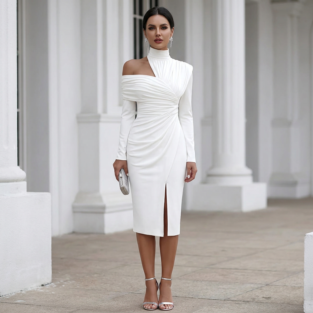 Asymmetric Neckline Evening Midi Dress with Front Slit for Women