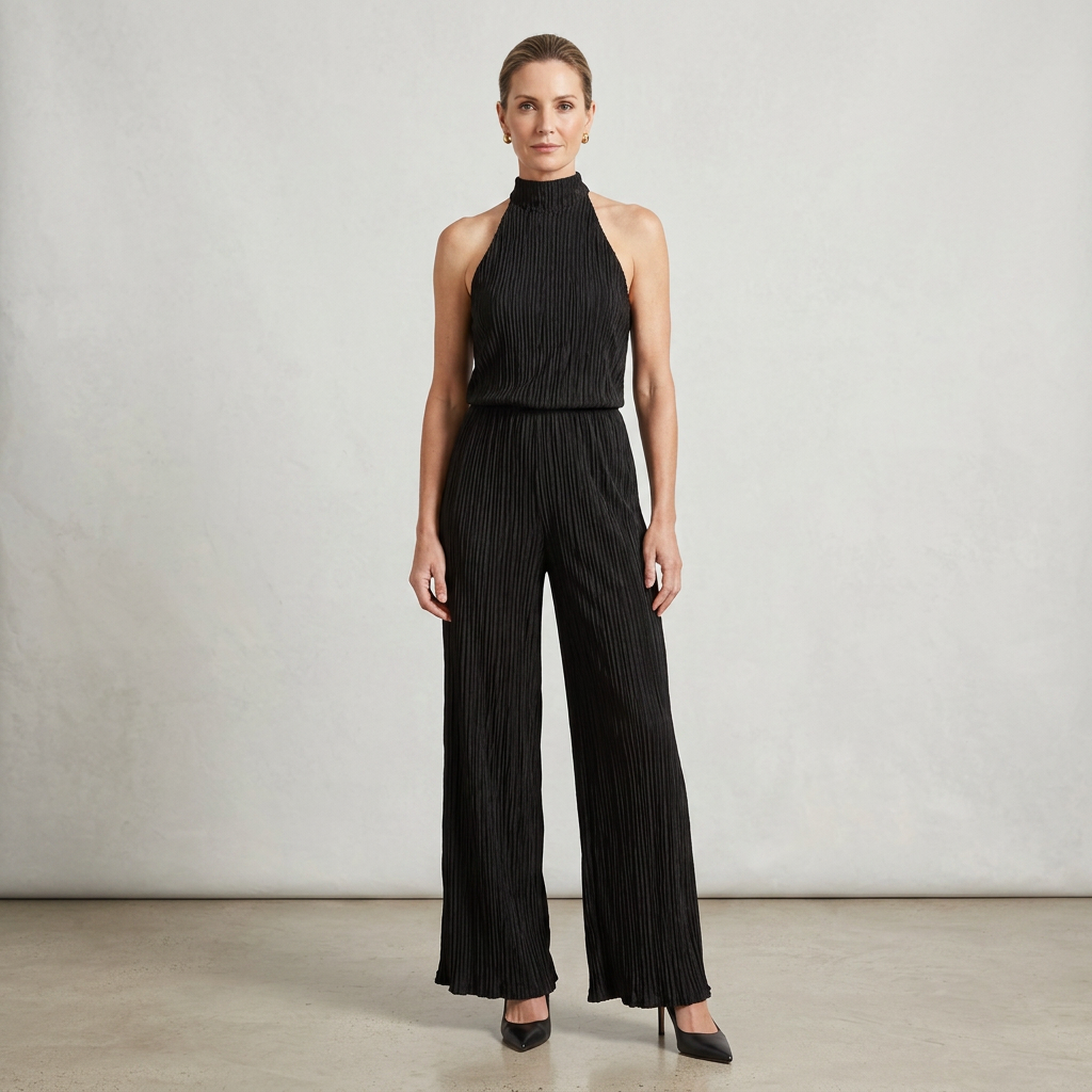 Pleated Two-Piece Set with Wide-Leg Trousers for Women