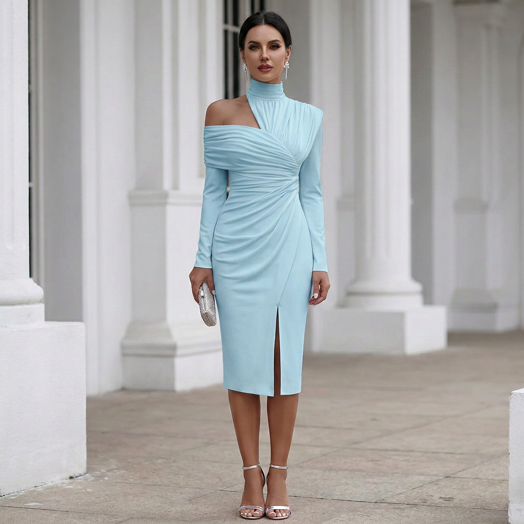 Asymmetric Neckline Evening Midi Dress with Front Slit for Women