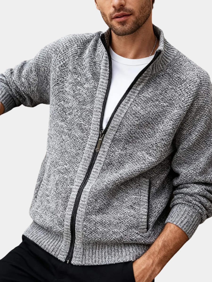 Marl Knit Cardigan with Full Zip and Stand Collar for men