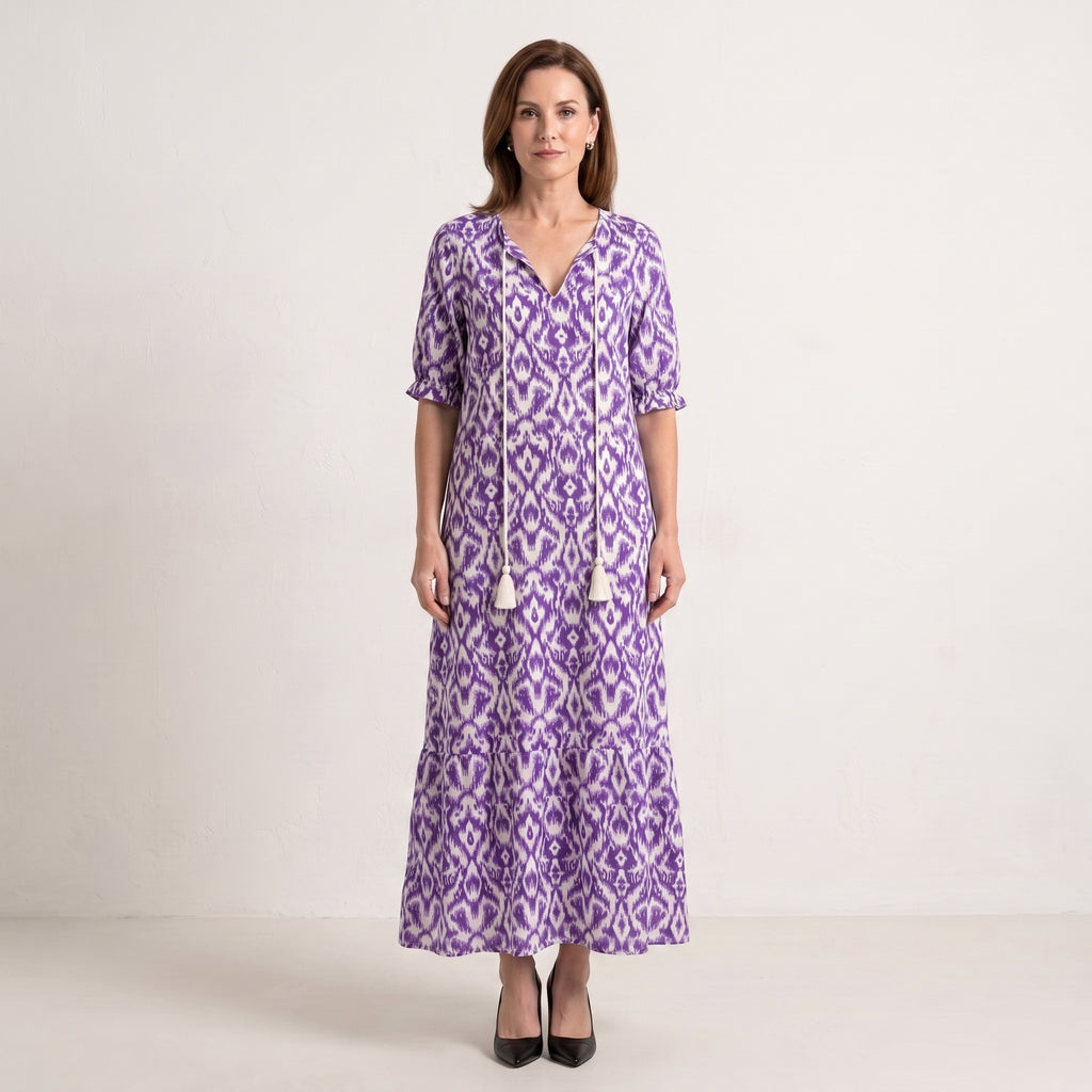 Relaxed Boho Maxi Dress with Tassel Tie V-Neck for Women