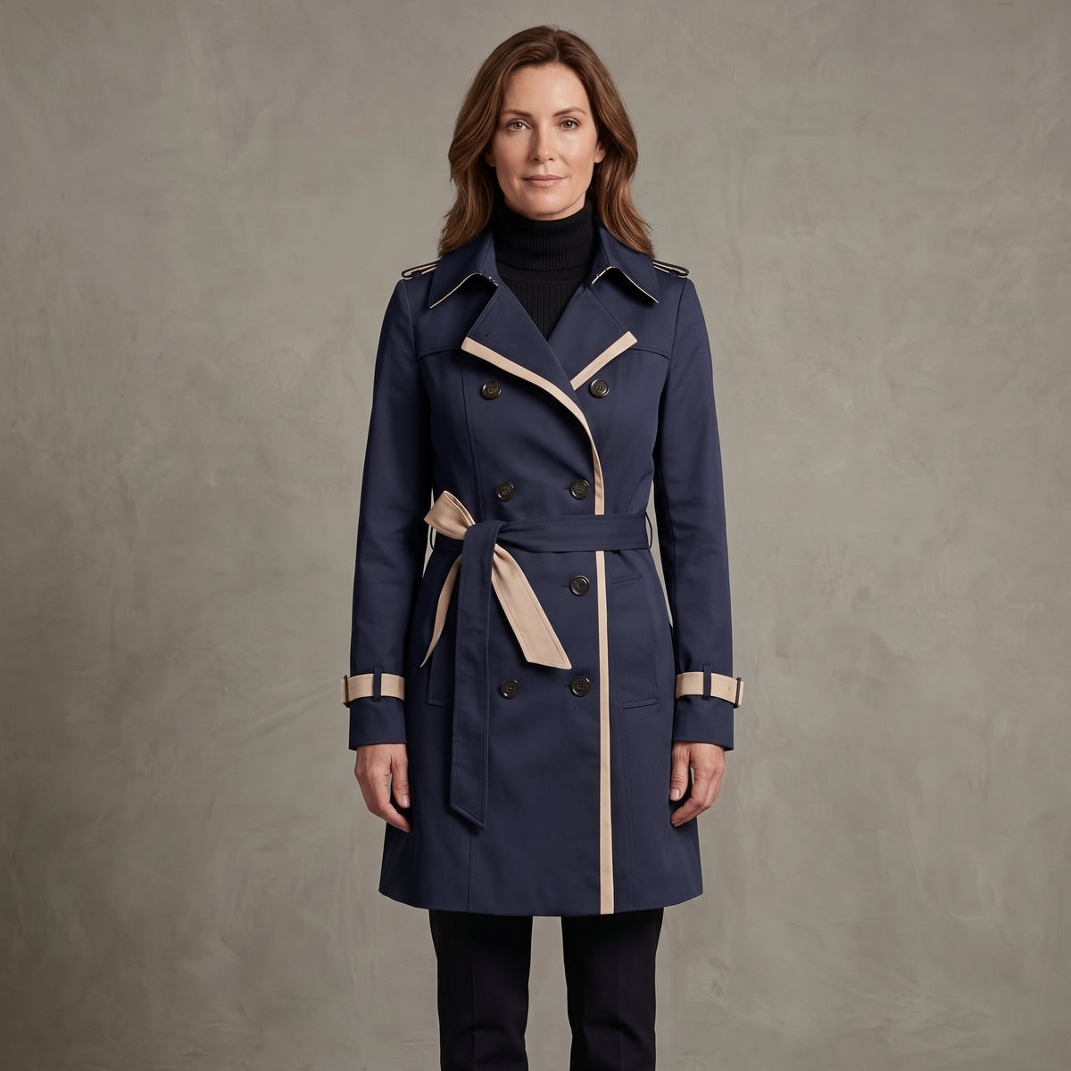Belted Trench Coat with Notched Lapel Collar for Women