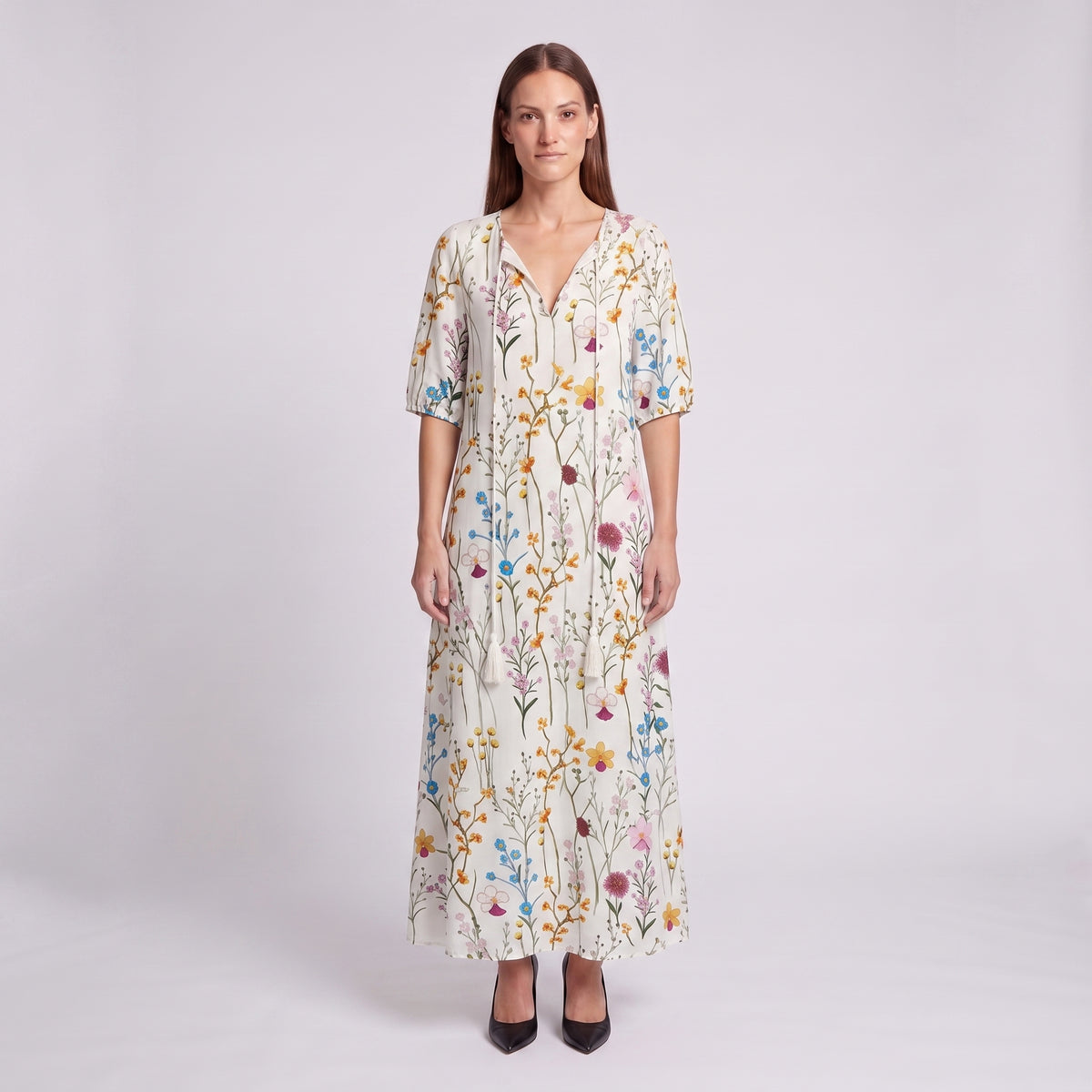 Relaxed Floral Maxi Dress with Tassel Tie V-Neckline for Women