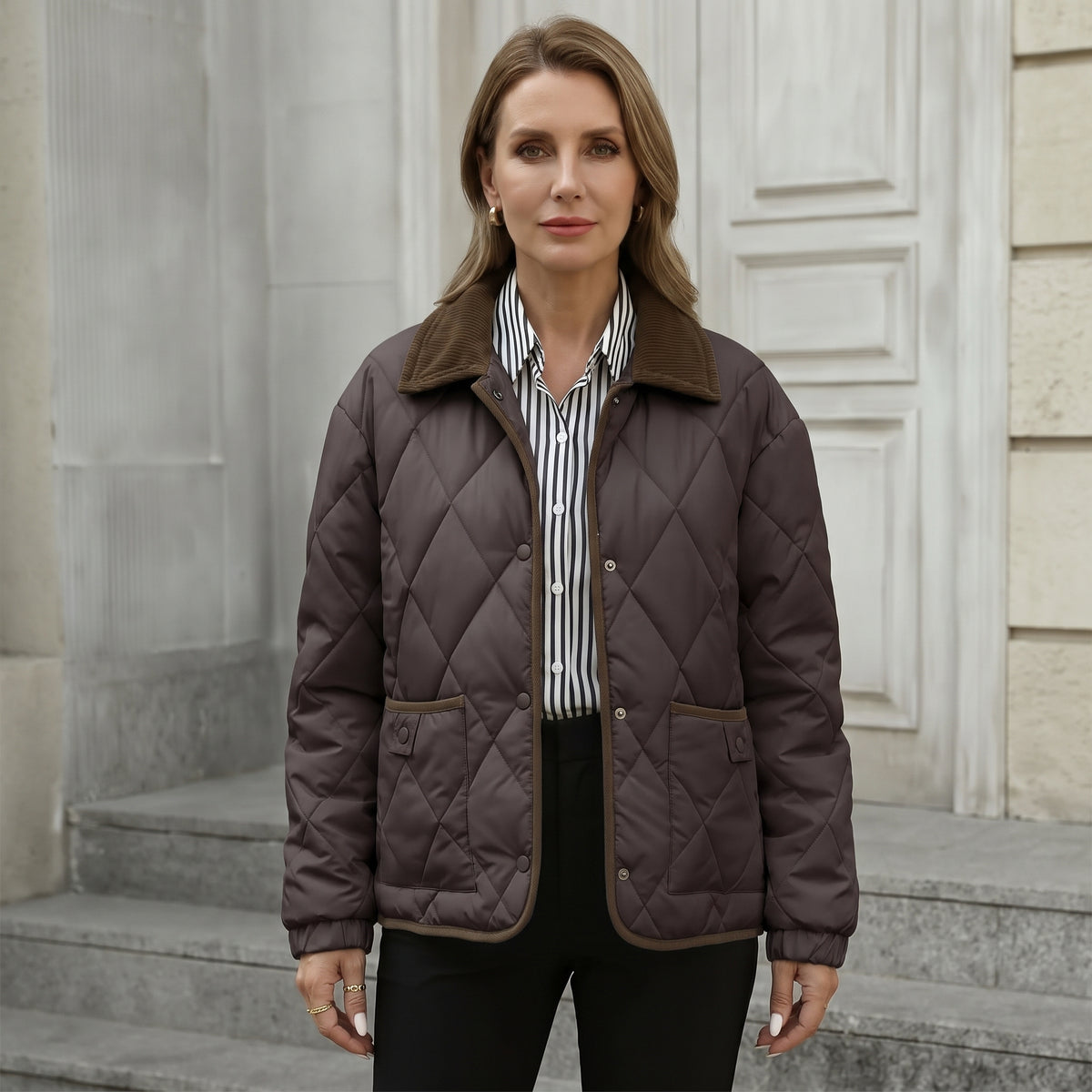 Diamond-Quilted Padded Jacket with Front Pockets for Women