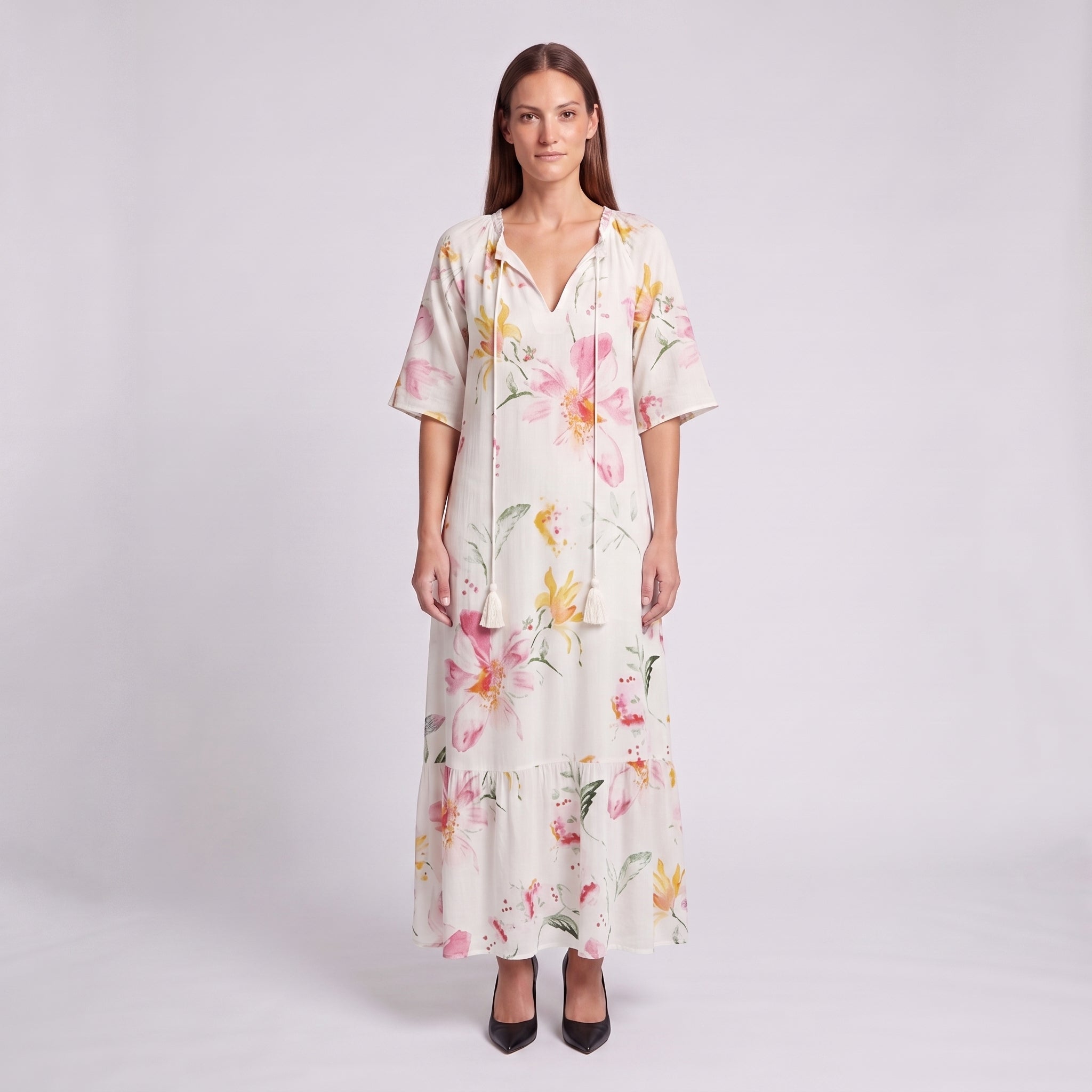 Relaxed Floral Maxi Dress with Tassel Tie V-Neckline for Women