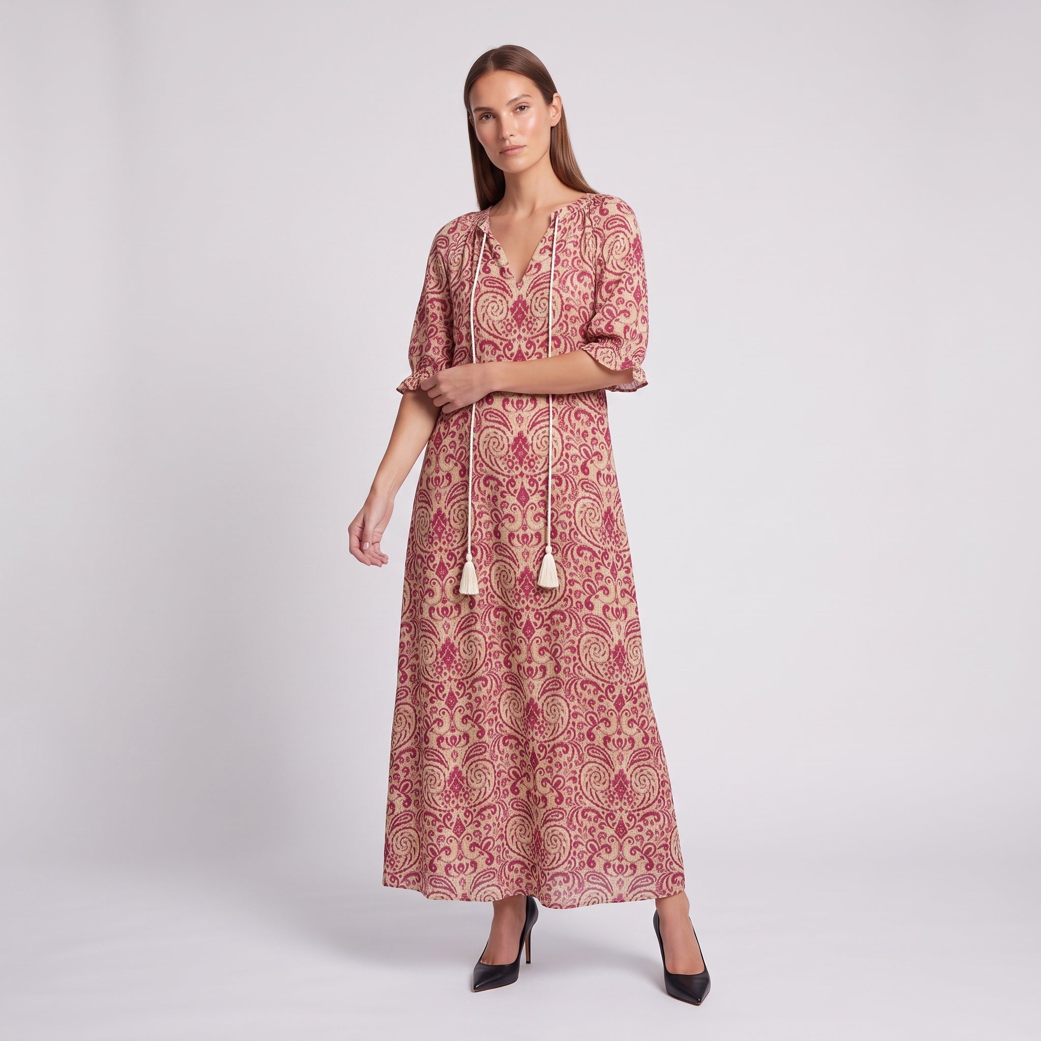 Floral Maxi Dress with Tassel Tie Neckline for Women