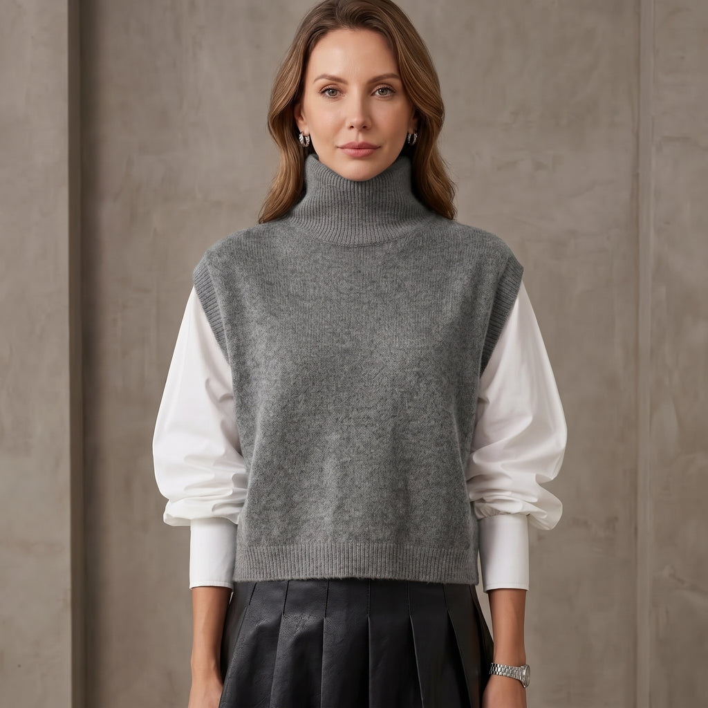 High-Neck Sweater Vest with Ribbed Armholes for Women