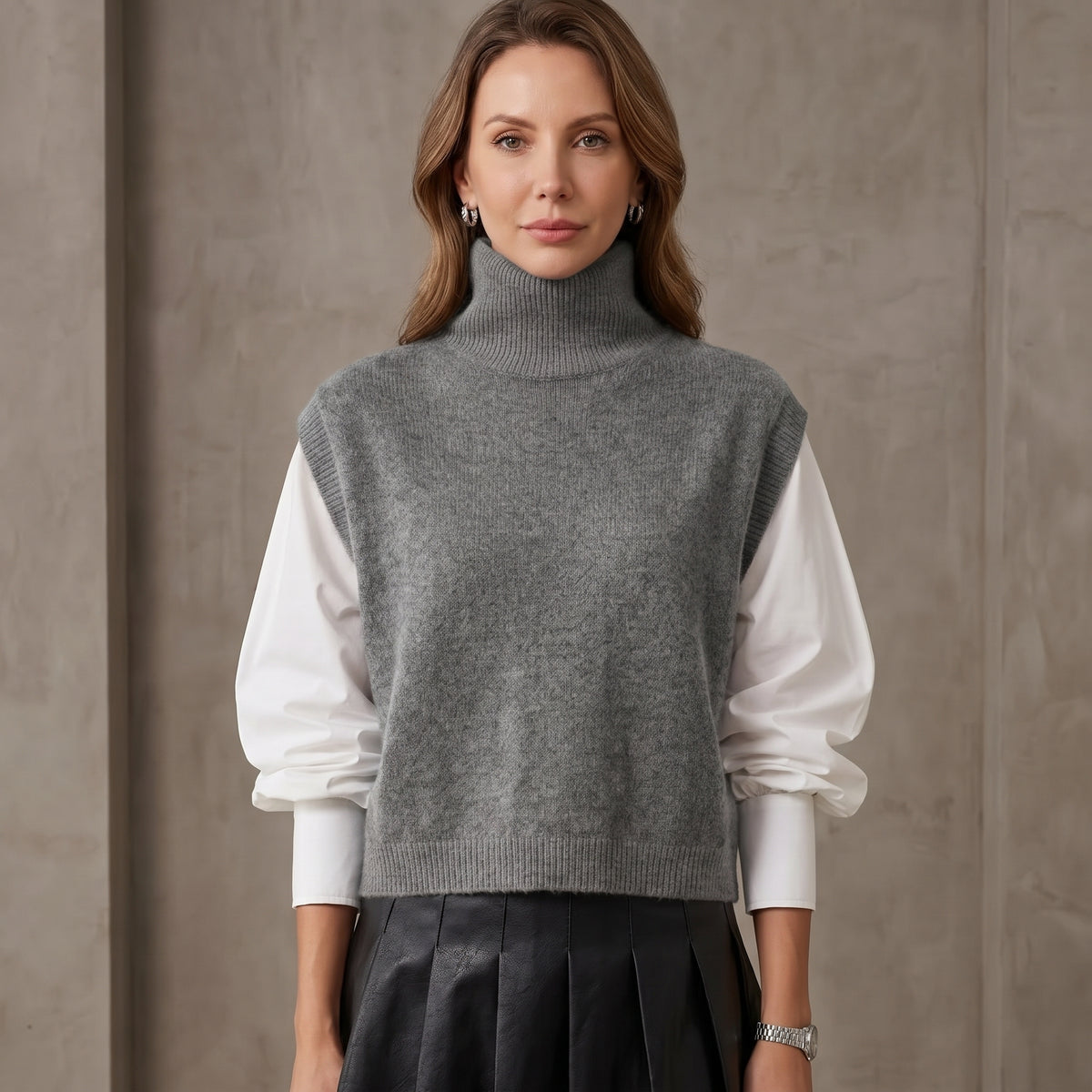 High-Neck Sweater Vest with Ribbed Armholes for Women