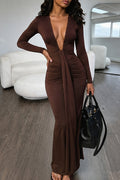 Maxi Dress with Plunge Neck and Ruched Waist for Womens