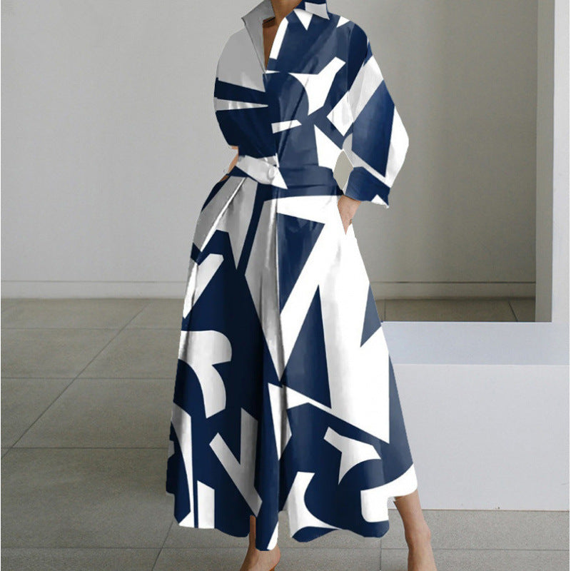 Maxi Dress with Shirt Collar and Gathered Waist for Womens