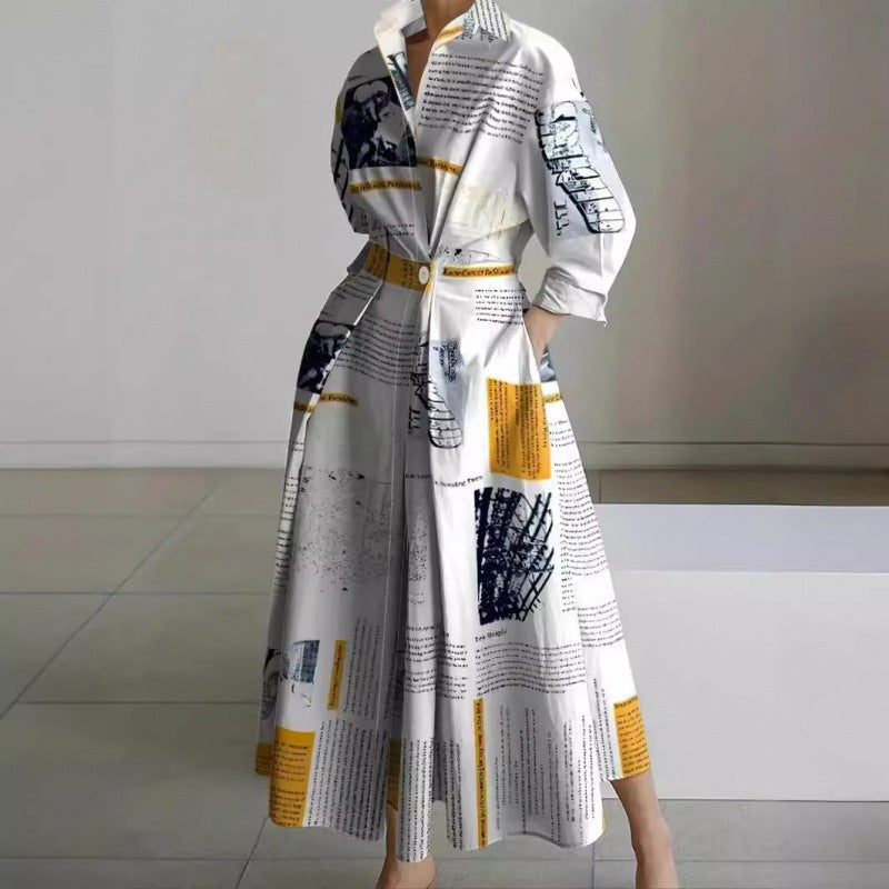Maxi Dress with Shirt Collar and Gathered Waist for Womens