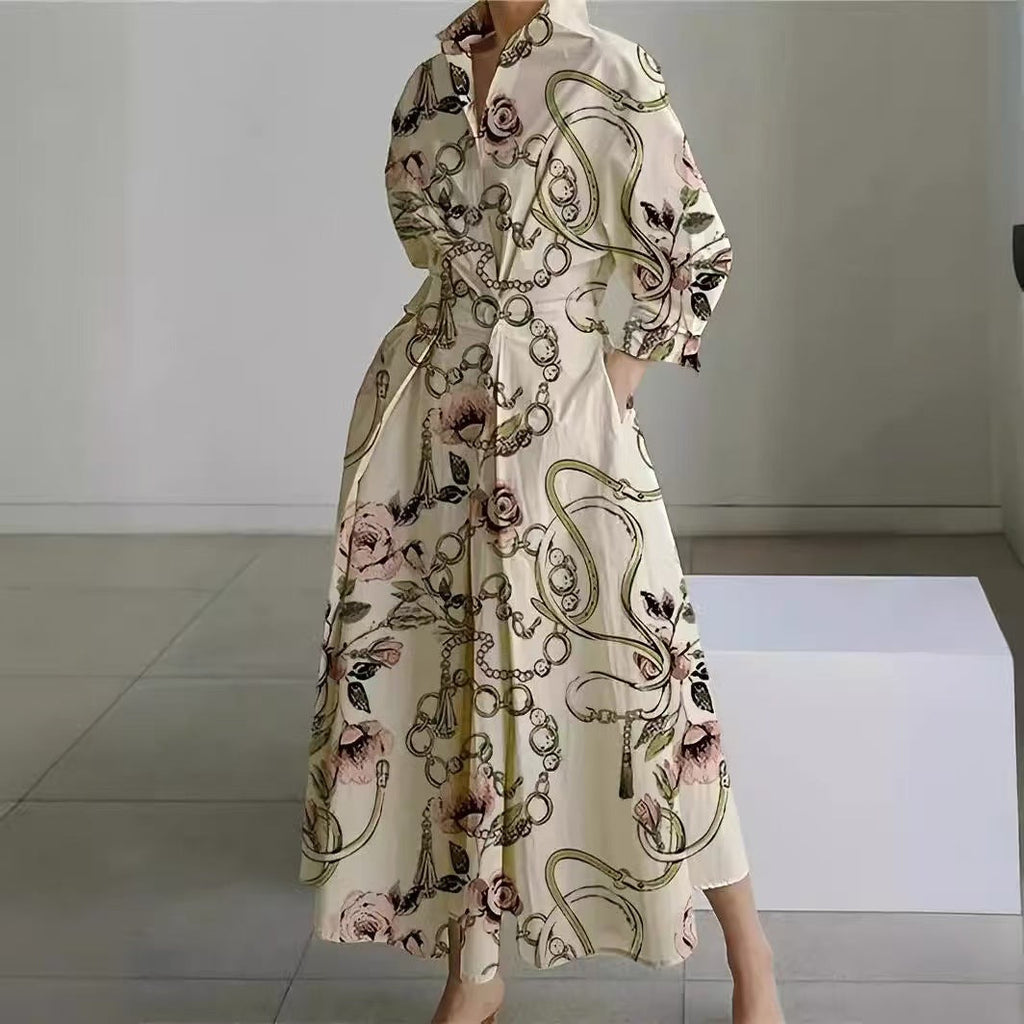 Maxi Dress with Shirt Collar and Gathered Waist for Womens