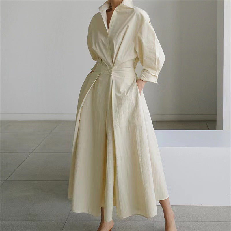 Maxi Dress with Shirt Collar and Gathered Waist for Womens