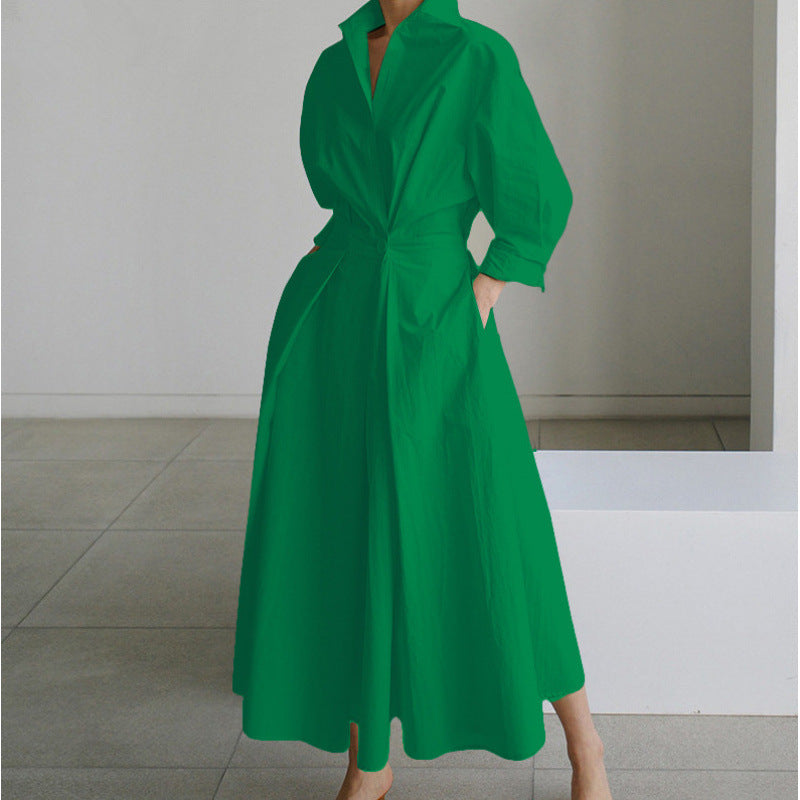 Maxi Dress with Shirt Collar and Gathered Waist for Womens
